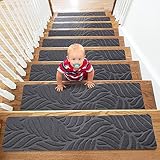 YISUN Stufenmatten 15 Stück, Anti-Rutsch Treppenstufen Matten, Treppenteppich selbstklebend Rechteckig, Teppich Treppenstufen aussen Innenbereich für Kinder Ältere und Hunde, 20 x 65 cm (Grau)