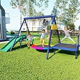 LANTRO JS Nestschaukel Outdoor, Doppelschaukel für 2 Kinder, Schaukel mit Rutsche, Garten Schaukel mit Rutsche, Trampolin, Runde Nestschaukel und Plastikschaukel
