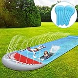 Ansobea 550x145cm Wasserrutsche, Doppel Wasser Rutsche, Wasserspielzeug Wassermatte mit 2 Bodyboards, Sommerspielzeug mit Sprinkler, Hai-Stil Outdoor Wasserrutschmatte für Kinder