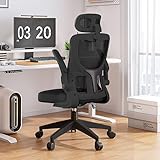 XUEGW Ergonomischer Büro-Computer-Schreibtischstuhl, hohe Rückenlehne, Netz-Arbeitsstühle mit hochklappbaren Armen und verstellbaren Kopfstützen, schwarz, bequeme Lendenwirbelstütze, Gaming-Stuhl,