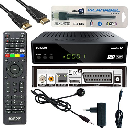 Edision Piccollino S2 Full HD Satelliten-Receiver FTA HDTV DVB-S2 (HDMI, USB 2.0,Scart,Display,CA,LAN) Deutsch vorprammiert inkl.Wlanabel und HDMI Kabel