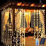 Redefun Solar Lichtervorhang Aussen 3 m x 3 m 300LED Lichterkette vorhang, 8 Modi Wasserdicht Solar Wasserfall Lichter mit Fernsteuerung,Timer für Außen Pavillon Balkon Hochzeit Deko(Warmweiß)