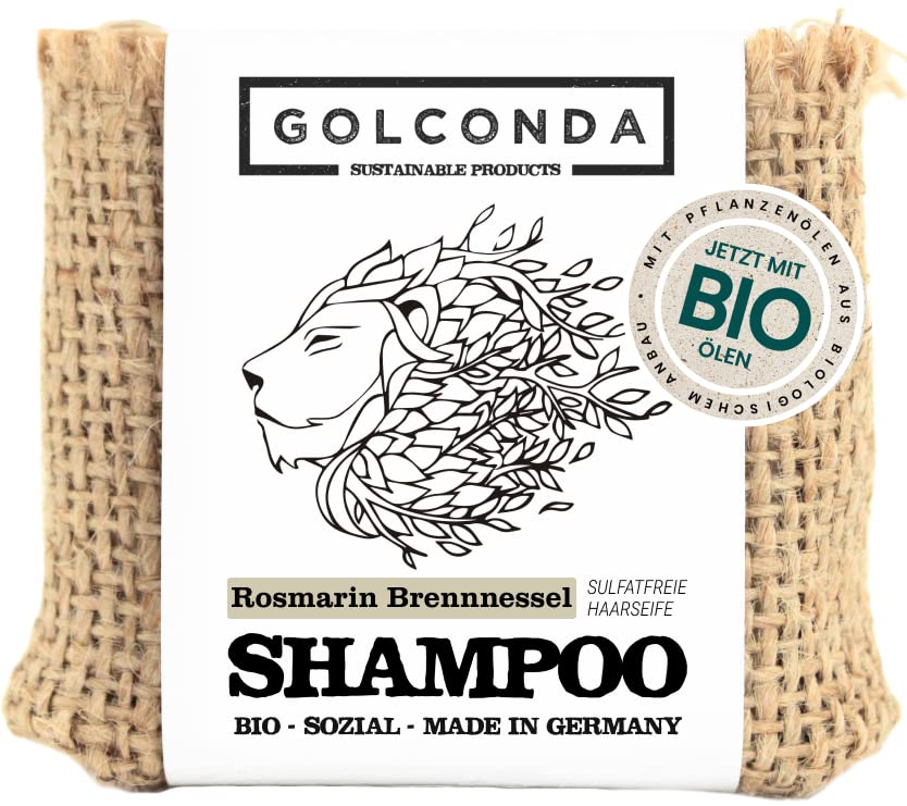 BIO Haarseife Rosmarin & Brennnessel GOLCONDA| gegen Haarausfall und Schuppen | zertifizierte Naturkosmetik | Vegan | Plastikfrei Shampooseife | Festes Shampoo Seife | Palmölfrei | 1 stück