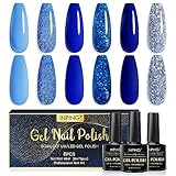 INPING Nagellack Blau, 6 Farben UV Nagellack Set, Dunkelblau Glitzer Silber Marine Himmelblauer Ozean Kobaltblau Funkeln Diamanten Sommer Frühling Gelnägel Soak Off UV für DIY Nail Art Maniküre Kit