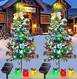 Qoosea 2 Stück Solar Weihnachtsbeleuchtung für Außen, Weihnachtsbaum Lichterketten mit Geschenkbox Lampen, Wasserdichte Solar Gartenleuchten, Weihnachtsdekoration für Terrasse, Gehweg, Hof, Rasen