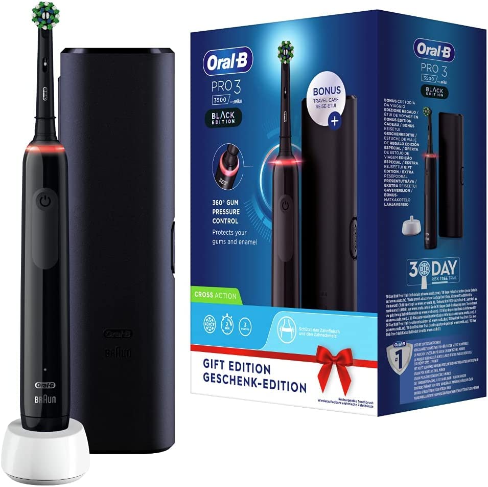 Oral-B PRO 3 3500 Elektrische Zahnbürste/Electric Toothbrush, mit 3 Putzmodi und visueller 360° Andruckkontrolle für Zahnpflege, Reiseetui, Geschenk Mann/Frau, schwarz