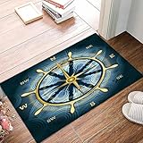 QMDCTWBH Badezimmerteppich 50x80cm,Kompass, Navigation Goldener Kompass mit Windrose und Helm auf gewellter Oberfl,rutschfest Badematte,Badvorleger rutschfest waschbar,Badteppich Saugfähig Flauschig,