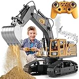 TOMOROY Fernbedienung Bagger Spielzeug 14 Kanal Fernbedienungsbagger Konstruktionsspielzeug Traktor, Simulierter Rauch, Klang, Beleuchtung, Metallgrabenkopf, RC-LKW-Geschenke für Jungen