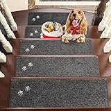 BEQHAUSE Stufenmatten Innen rutschfest 15 Stück, Maschinenwaschbare Treppenteppich Selbstklebend Stufenteppich für Kinder, Älteste und Haustiere, 100% Polyester TPE -Rücken, 22X70cm, Dunkelgrau
