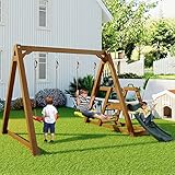 Pawom Doppelschaukel für Kinder mit Rutsche – Robustes Schaukelgestell aus Massivholz, 238,5x240x168,9cm – Outdoor Kinderschaukel mit Kletterleiter, Gartenschaukel für 2 Kinder