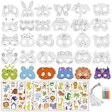34Stück Masken zum Ausmalen Kinder Masken zum Bemalen Kinder Masken Basteln Kinder Papier Kinder Tier Maske Set mit Kinder Tier Tattoo Aufkleber für Dschungelparty Allerheiligen Verkleidungsparty