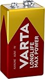VARTA Batterien 9V Blockbatterie, 1 Stück, Longlife Max Power, Alkaline, für Rauchmelder, Brand- & Feuermelder, Mikrofon