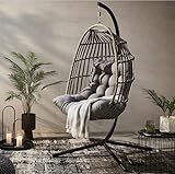 Hängesessel mit Gestell für Wohnzimmer,Garten und Balkon Geräumiger Hängekorb XXXL Größen:126HX84WX64D cm-Keine Raumunterdrückung Gefühl Premium Qualität Nylon/Polyrattan gewebt Inkl.Grau Kissen