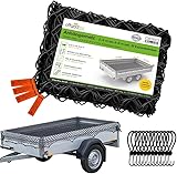 Offgridtec Anhänger-Ladungssicherungsnetz 1x2m auf 2x3m, Dehnbar & Feinmaschig, Inkl. 8 Spannhaken, Eckmarkierungen, Verstärktes Gummiseil, Ladungssicherung für Anhänger, Gartenabfälle, Baumaterialien