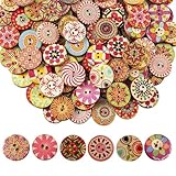 100 Stück Bunte Holzknöpf, Bunte Retro Harz HolzknöPfe, Knöpfe zum Annähen, NäHen KnöPfe Blume Malerei Geometrishes Muster, Mit 2 LöCher für NäHen DIY Basteln Handwerk Deko (15mm)