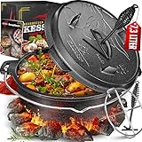 KESSER® Dutch Oven Set BBQ 7,3 Liter, Feuertopf Schmortopf mit Edelstahluntersetzer, Gusseisen Topf mit Deckelheber Henkel und Schlitz für Themormeter, kochkessel Grilltopf für Oudoor & Indoor