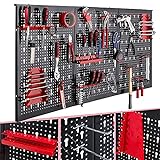 Arebos Werkzeugwand dreiteilig | 17-teiliges Hakenset Rot| 120 x 60 x 2 cm | Werkzeug Lochwand aus Metall + Halterungen + Montagematerial