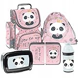 PASO Panda - Mega Set - 5-teiliges- Rucksack, Federmäppchen, Schuhtasche, Trinkflasche, Frühstückstasche – Muster: Panda