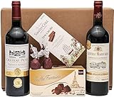 Geschenkset französische Genüsse | mit französischem Rotwein (Bordeaux) trocken | Schokoladen-Trüffel | Zartbitterschokolade | 2 x Feigen in Schokolade | Präsentkorb für Männer und Frauen
