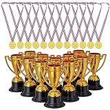 THE TWIDDLERS 12 Stück Sportfest Goldmedaillen & 12 Pokale/Trophäen für Kindergeburtstag, Schulspiele & Feiern - Mitgebsel & Preis