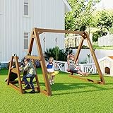 Doppelschaukel mit Rutsche & Kletterleiter – Robuste Kinderschaukel aus Massivholz, Outdoor Schaukelgestell für Garten, 2 Schaukeln, Klettergerüst, Stabil & Sicher (238,5x240x168,9 cm)