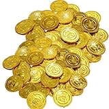 JZK 100 x Goldmünzen aus Kunststoff, gefälschte Piraten-Schatzsuche-Münzen, Spielzeug für Kinder, Mitbringsel, Partytüten für Halloween/Weihnachten/Kindergeburtstagsfeier