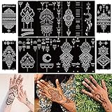 DIVAWOO 12 Blatt Temporäre Tattoos Henna Schablone Set, Indischer Arabischer Hände Hand Tattoo Tempel Aufkleber für Frauen Finger Körper
