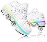 Schuhe mit Rollen LED Leuchtend Skates 4-Rad Verstellbare Rollschuhe Verstecktes Rad für Laufsportschuhe Zum Spielen für Männer Frauen Und Kinde,Weiß-42
