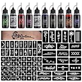 STIGMA Temporäres Tattoo Kit 10 Flaschen Farbtinten, 84 Stück Schablonen Kit für Körperfarbe DIY Tattoos Temp, DIY Fake Tattoo für Frauen Kinder