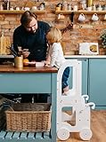 Sterzeal Faltbarer Lernturm für Kleinkinder bis zu 5 Jahre – Küchen-Tritthocker aus Holz mit Rückenlehne und Sicherheitsschiene (weiß)